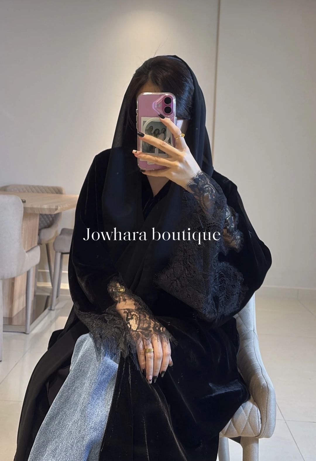 Idil velvet abaya with lace - 2