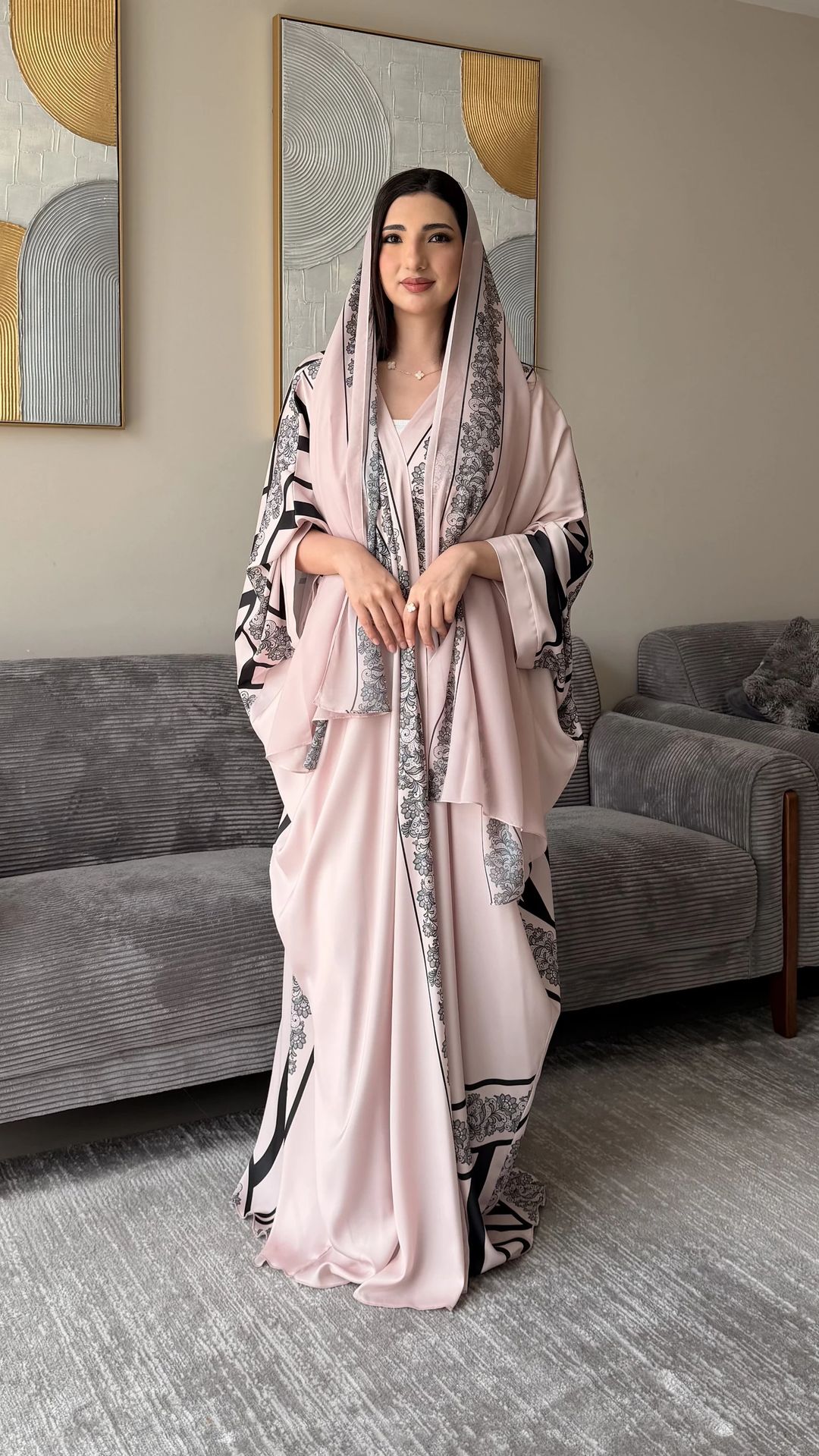 Amara printed abaya pink - 3
