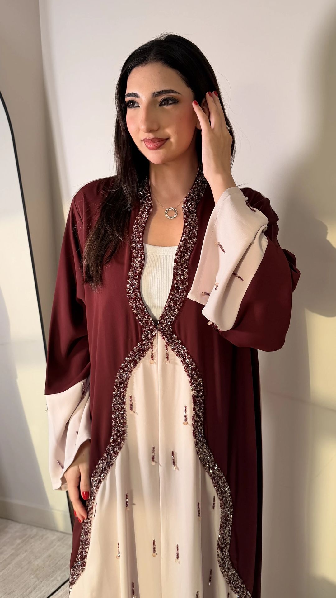 Aura  Abaya Maroon /beige - 1
