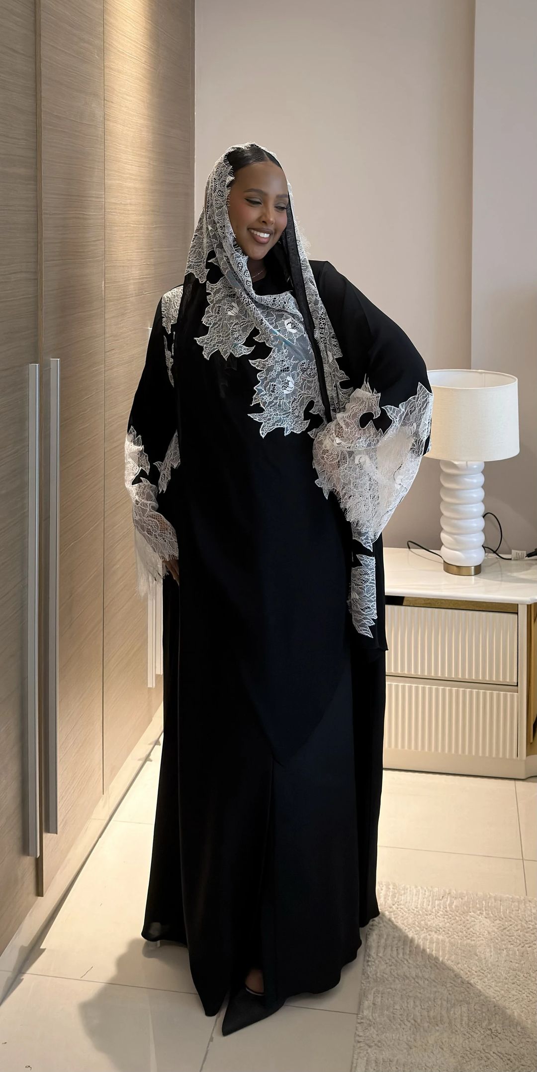 Aziza white lace Abaya Black | Closed - 2