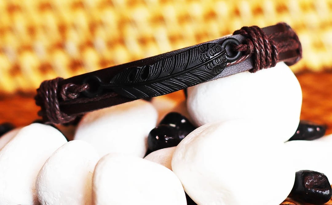 Black Metal Feather, Wrap Hand Crafted Leather  Bracelet - 1