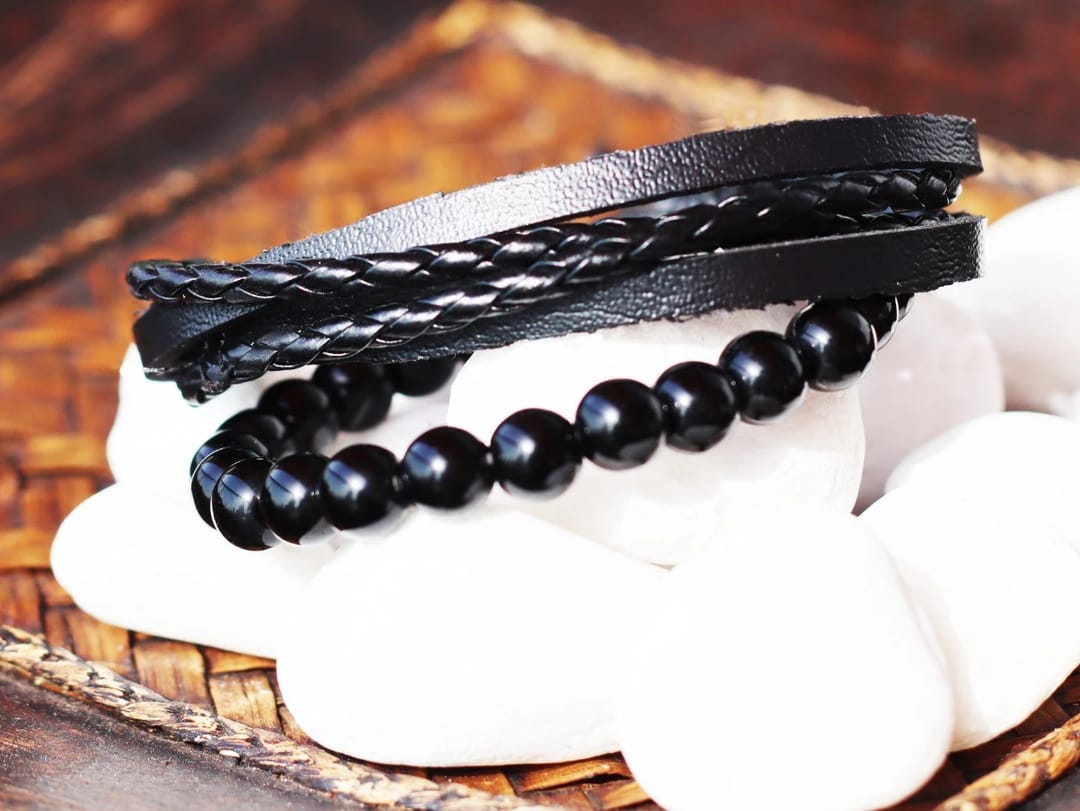 Modern Hand Crafted Braided _ Beaded Leather Bracelets, Black - 1