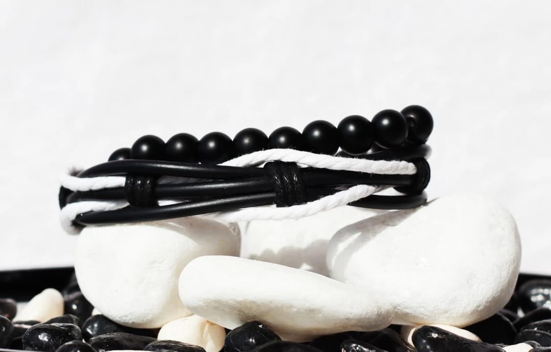 Modern Hand Crafted Braided _ Beaded Leather Bracelets, Black _ White - 1