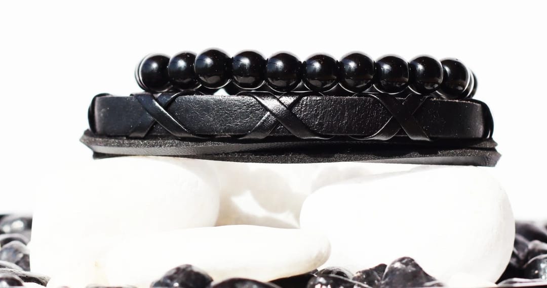 Vintage Hand Crafted Braided _ Beaded Leather Bracelets, Black - 1