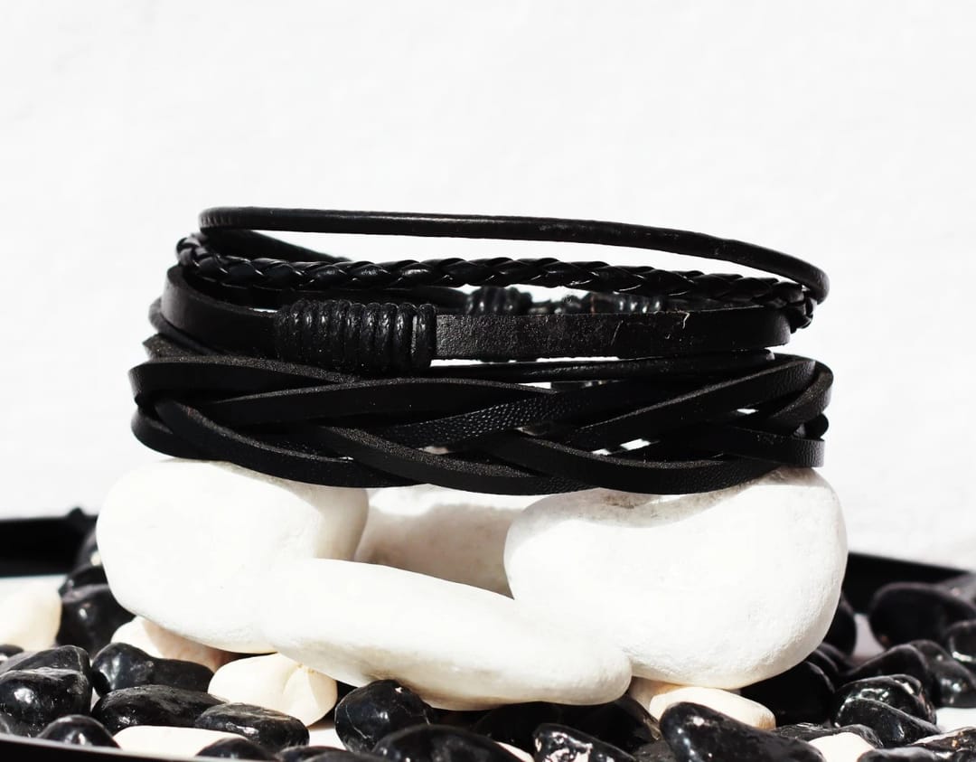Wrap Bracelet Leather Vintage Hand Crafted  Black Leather Chains - 1