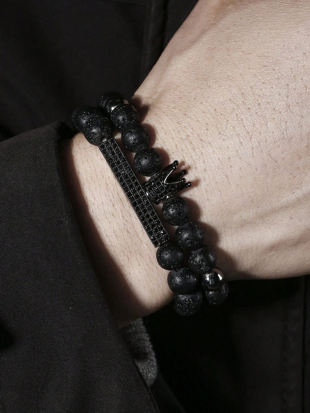 2 Black Matte Stone & Cubic Zirconia Crown Charm Elastic Bracelet - 1
