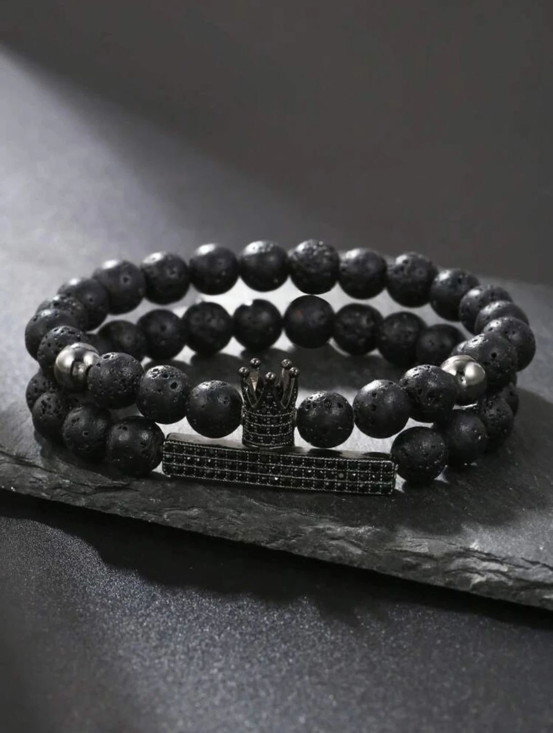 2 Black Matte Stone & Cubic Zirconia Crown Charm Elastic Bracelet - 2