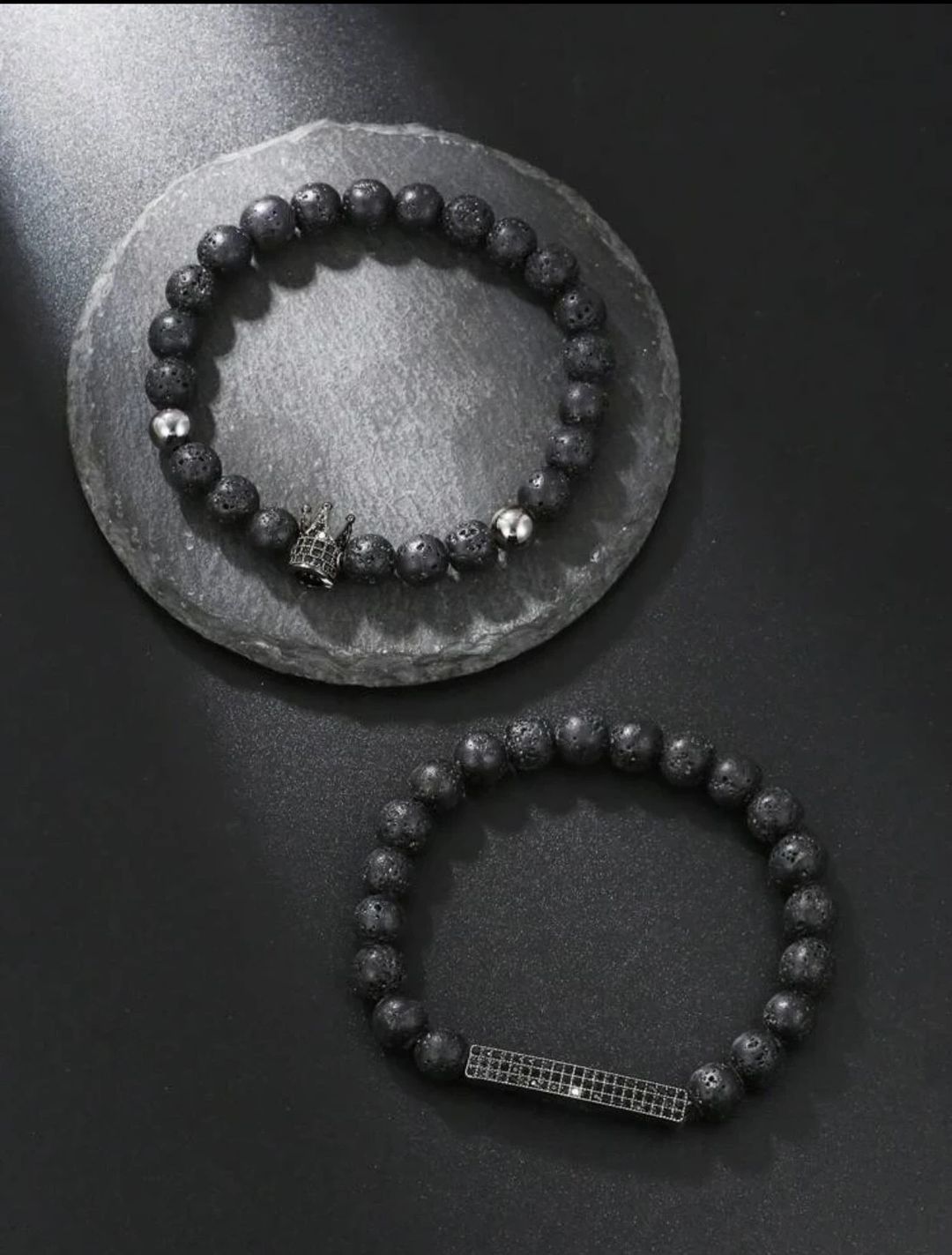 2 Black Matte Stone & Cubic Zirconia Crown Charm Elastic Bracelet - 3