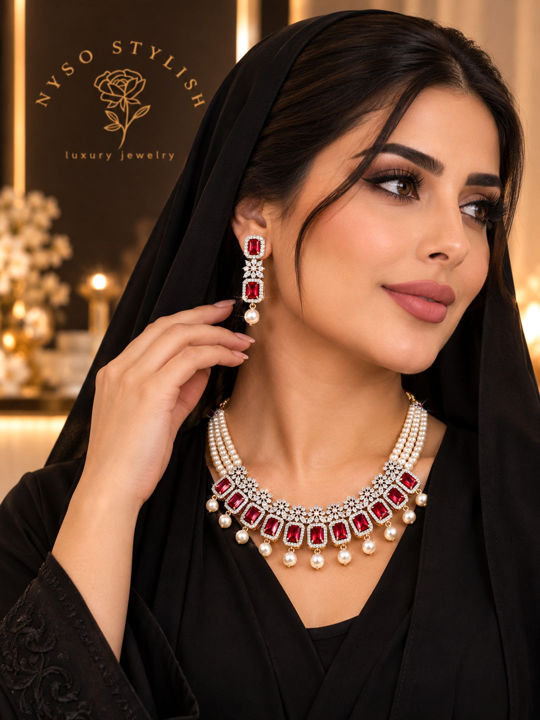عقد فخم من اللؤلؤ الطبيعي وأحجار الياقوت الأحمر - 5