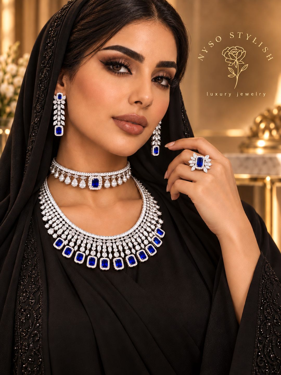 طقم مميز بالزركون الأبيض ومرصع بالياقوت الأزرق بدقة الألماس - 6