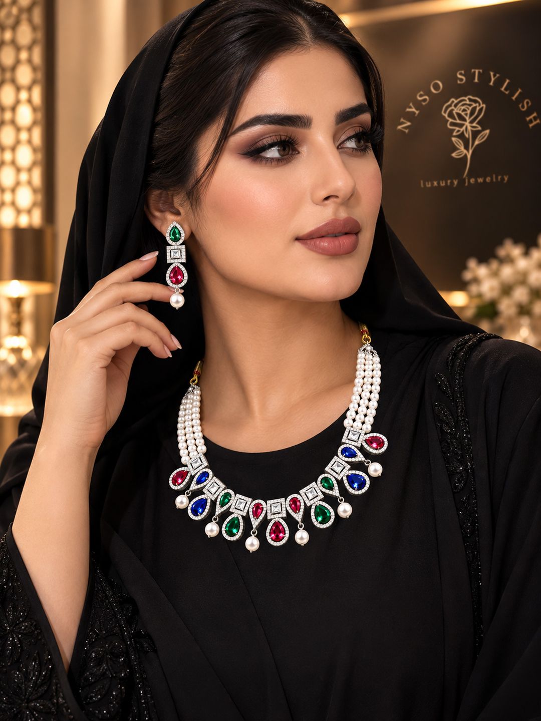 عقد لؤلؤ طبيعي مميز بأحجار الياقوت الملونة - 5