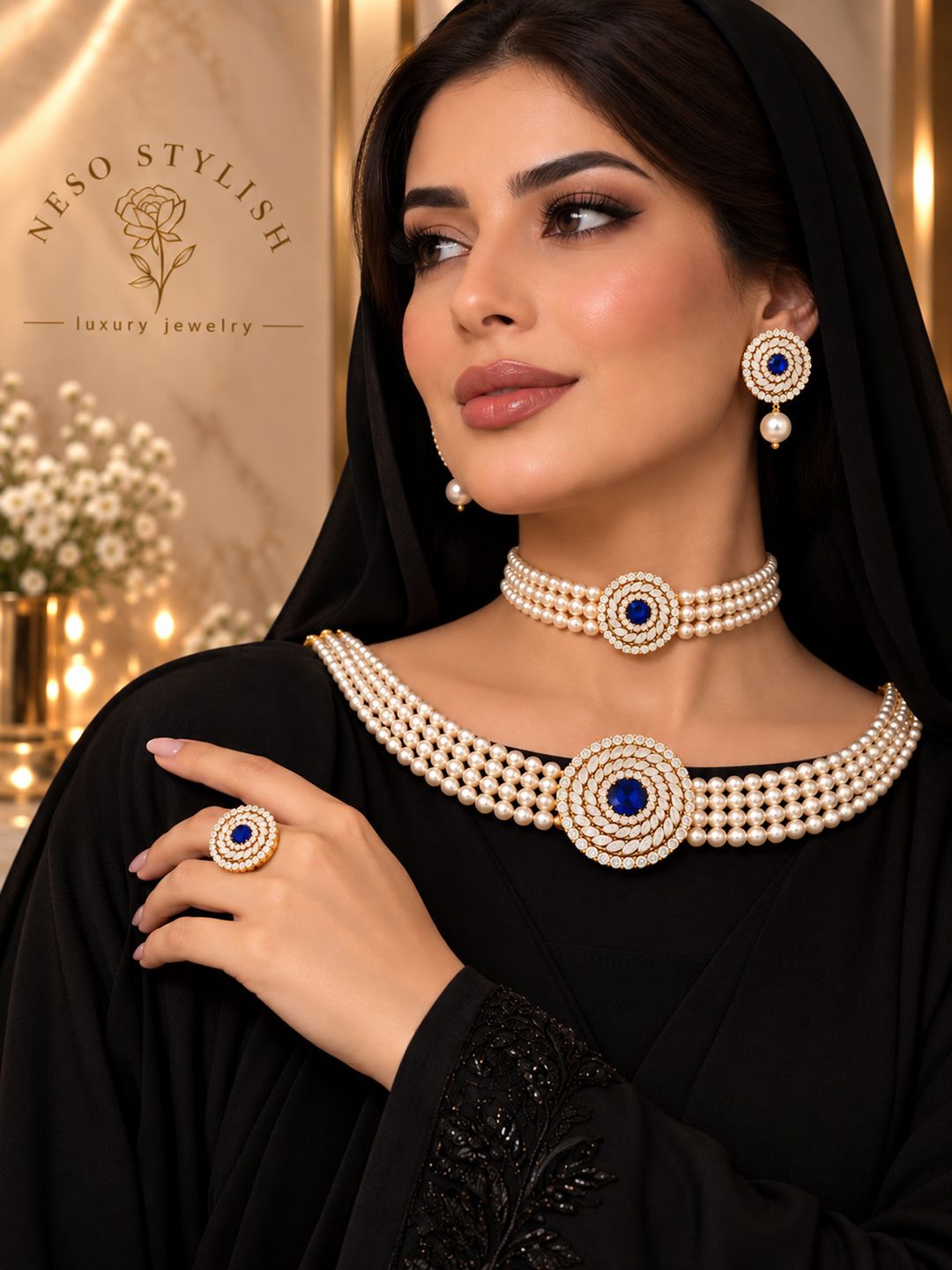 طقم ذهبي فان كليف مرصع باللؤلؤ الطبيعي وحجر الياقوت الأزرق - 6