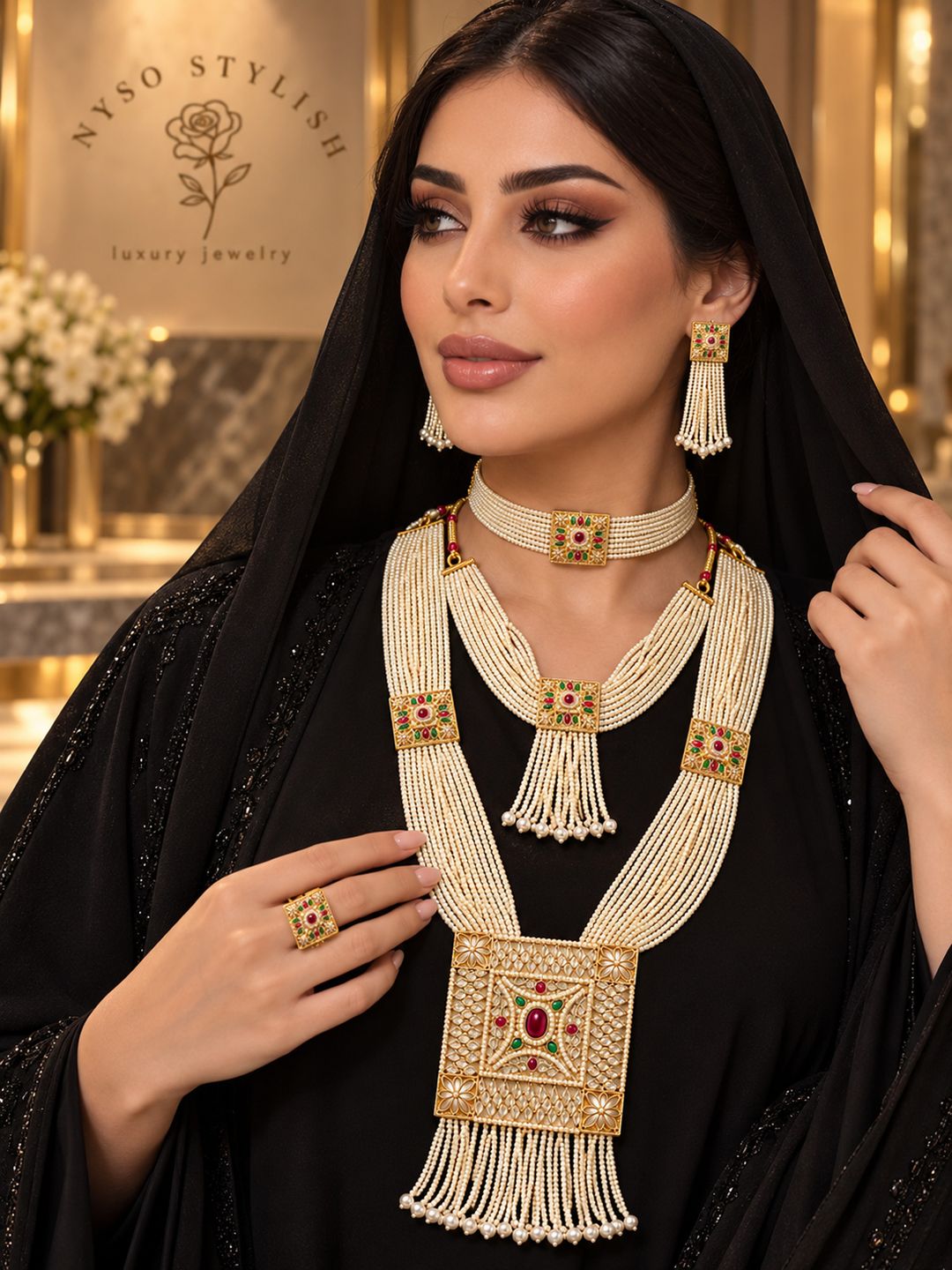 طقم لؤلؤ مزين بأحجار الياقوت الأحمر والأخضر والذهب - 4