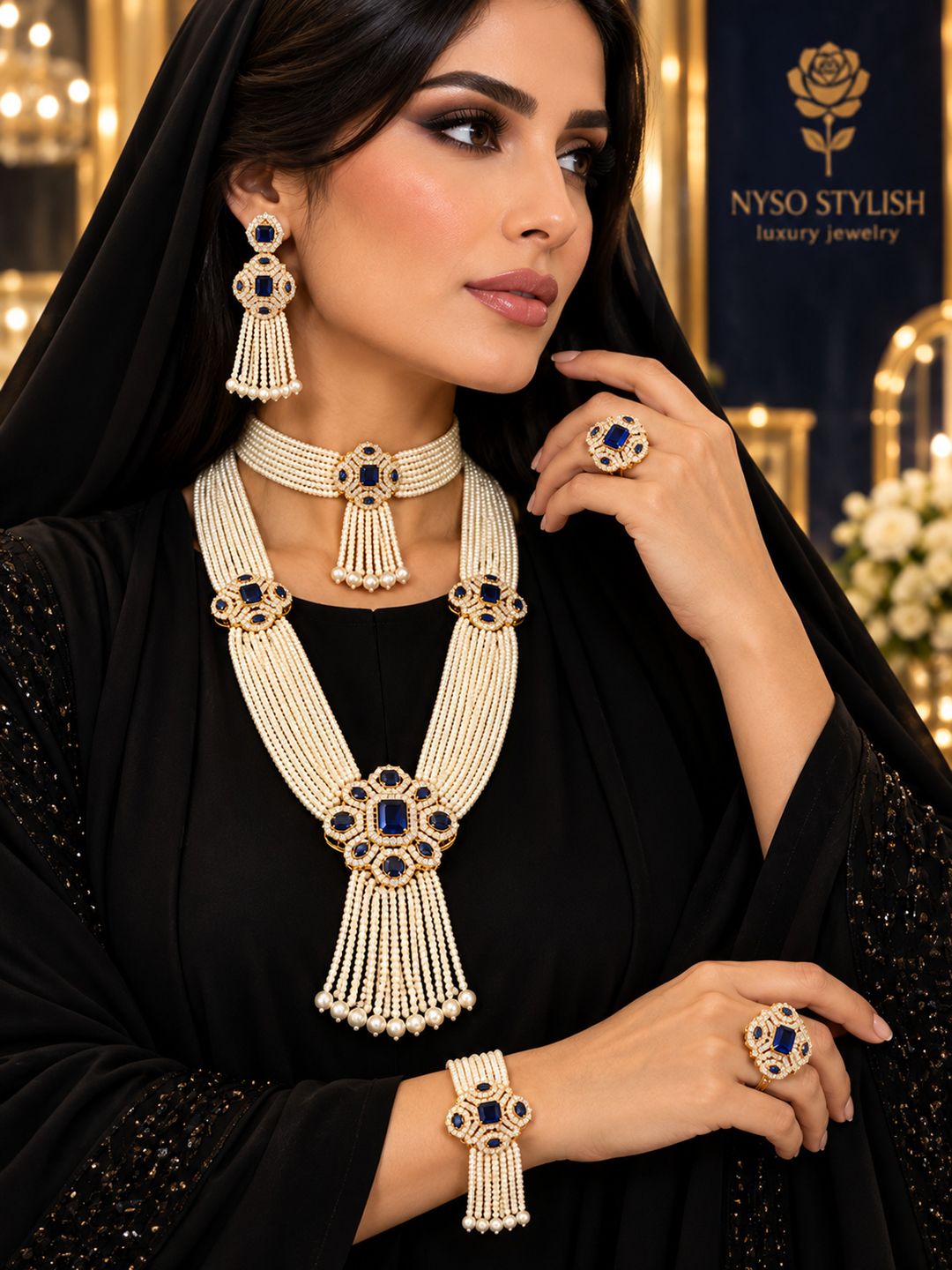 طقم لؤلؤ مزين بأحجار الياقوت الأزرق والذهب - 3