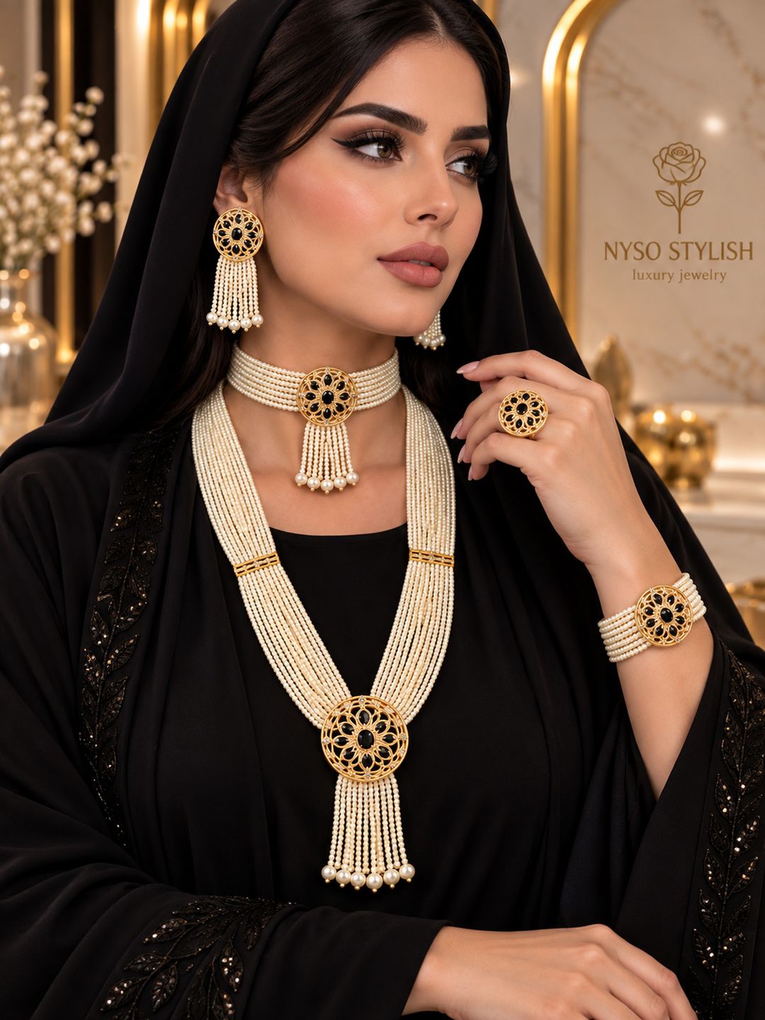 طقم لؤلؤ مزين بأحجار الياقوت الأسود والذهب - 3