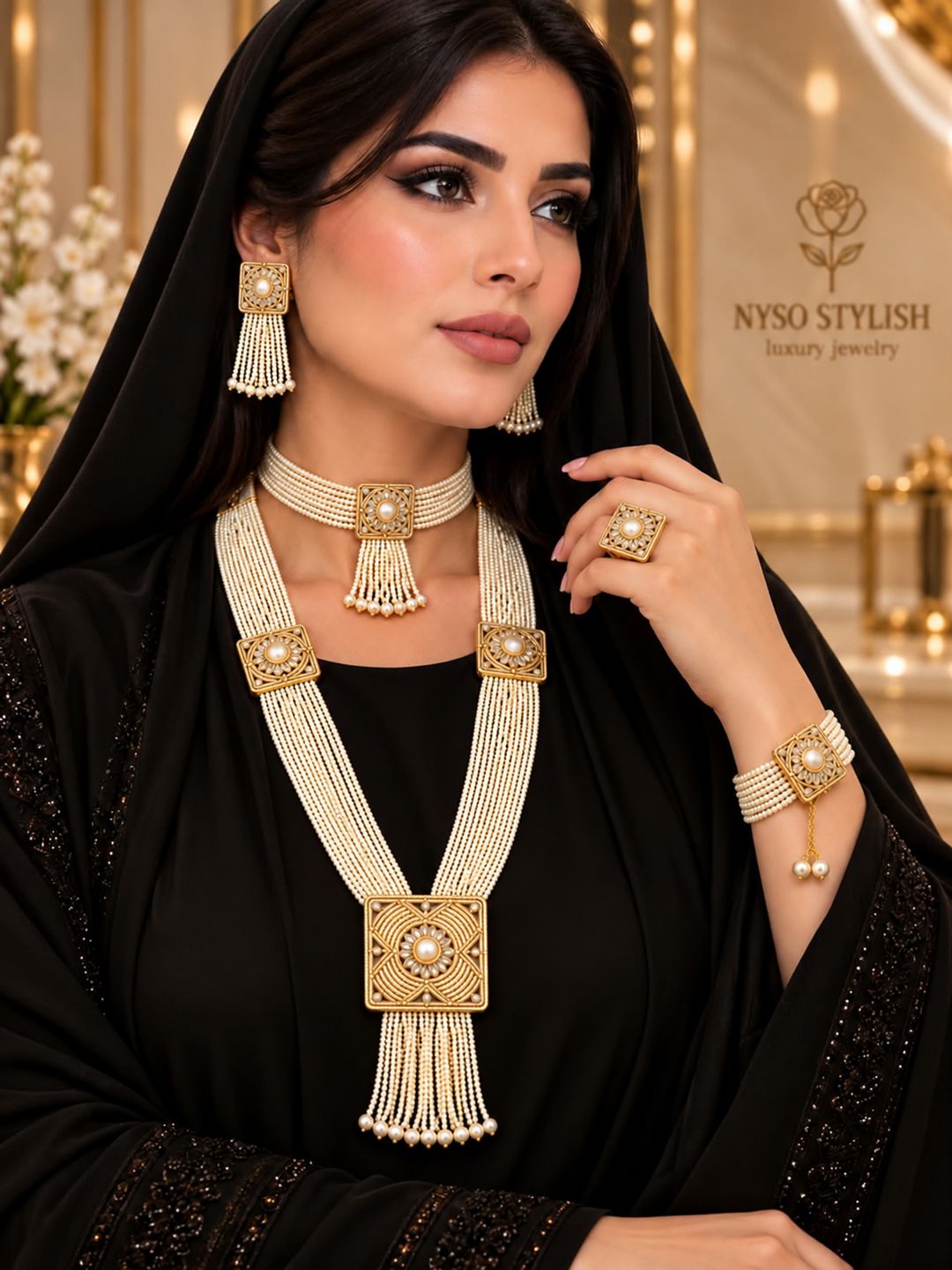 طقم لؤلؤ مزين بالذهب - 3