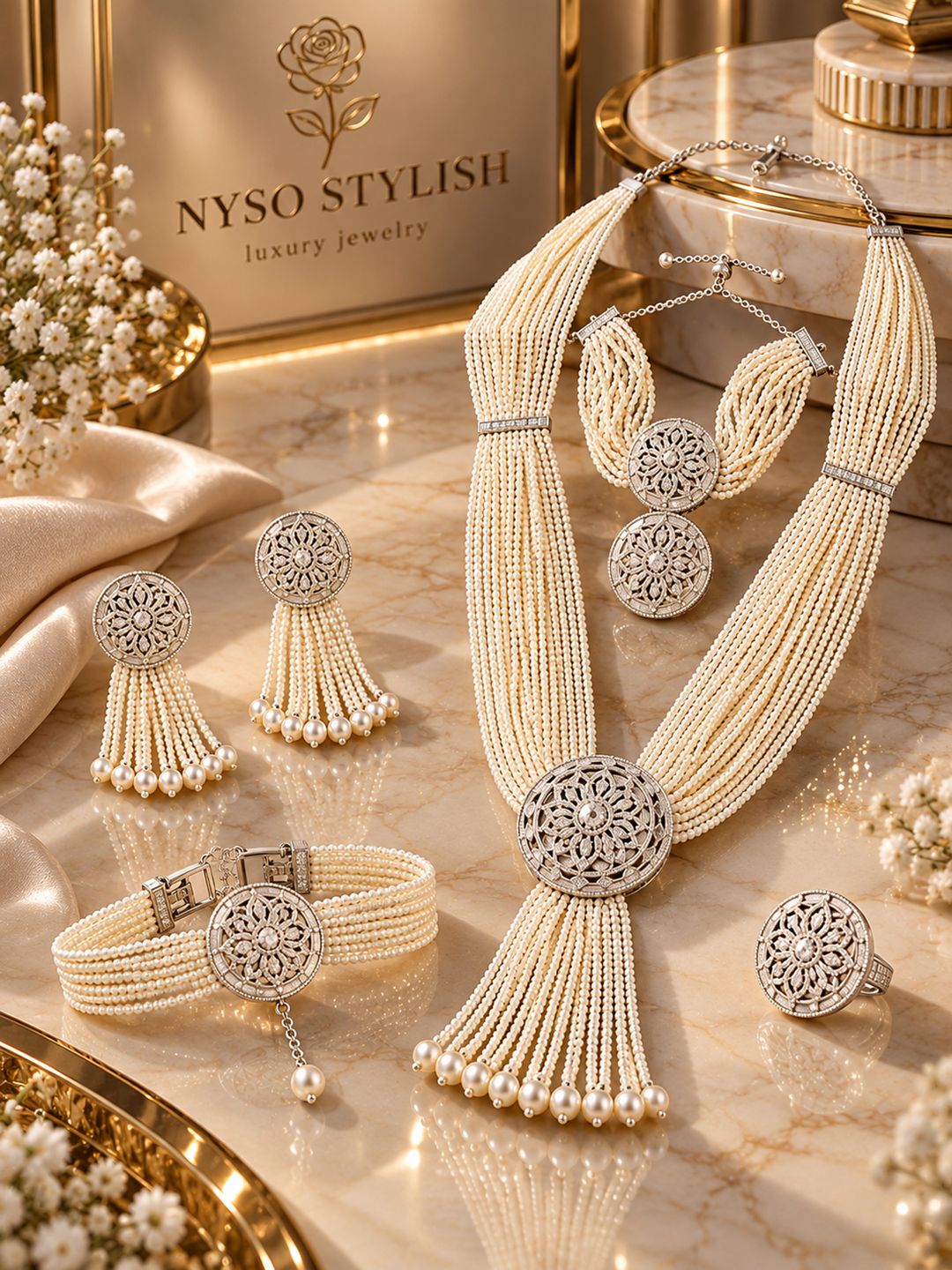طقم لؤلؤ مزين بأحجار الزركون الفضي والفضة - 2