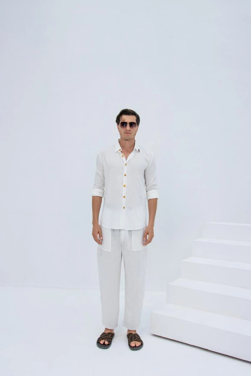 Linen Set  (shirt, trouser, short) - White - 1