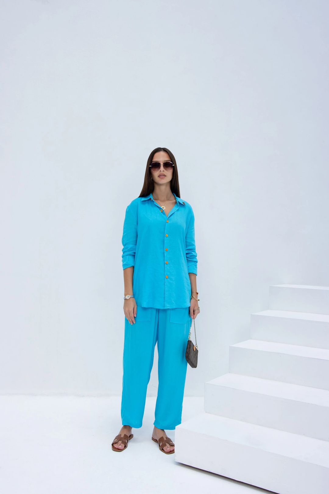 Linen Set  (shirt, trouser, short) - Blue - 1