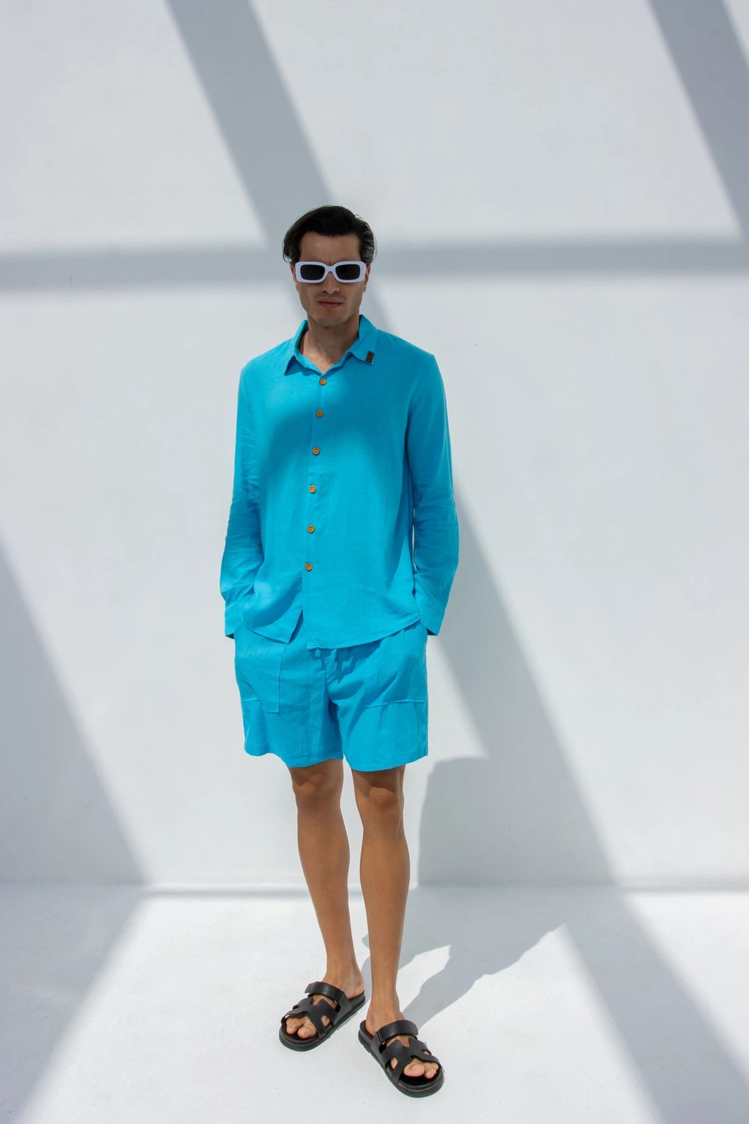 Linen Set  (shirt, trouser, short) - Blue - 4