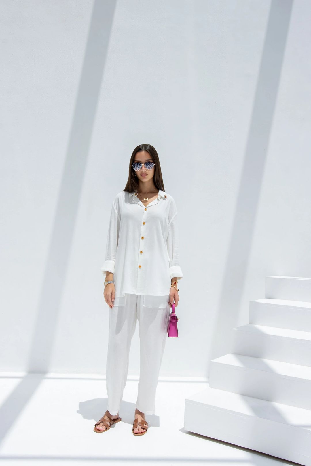 Linen Set  (shirt, trouser, short) - White - 2