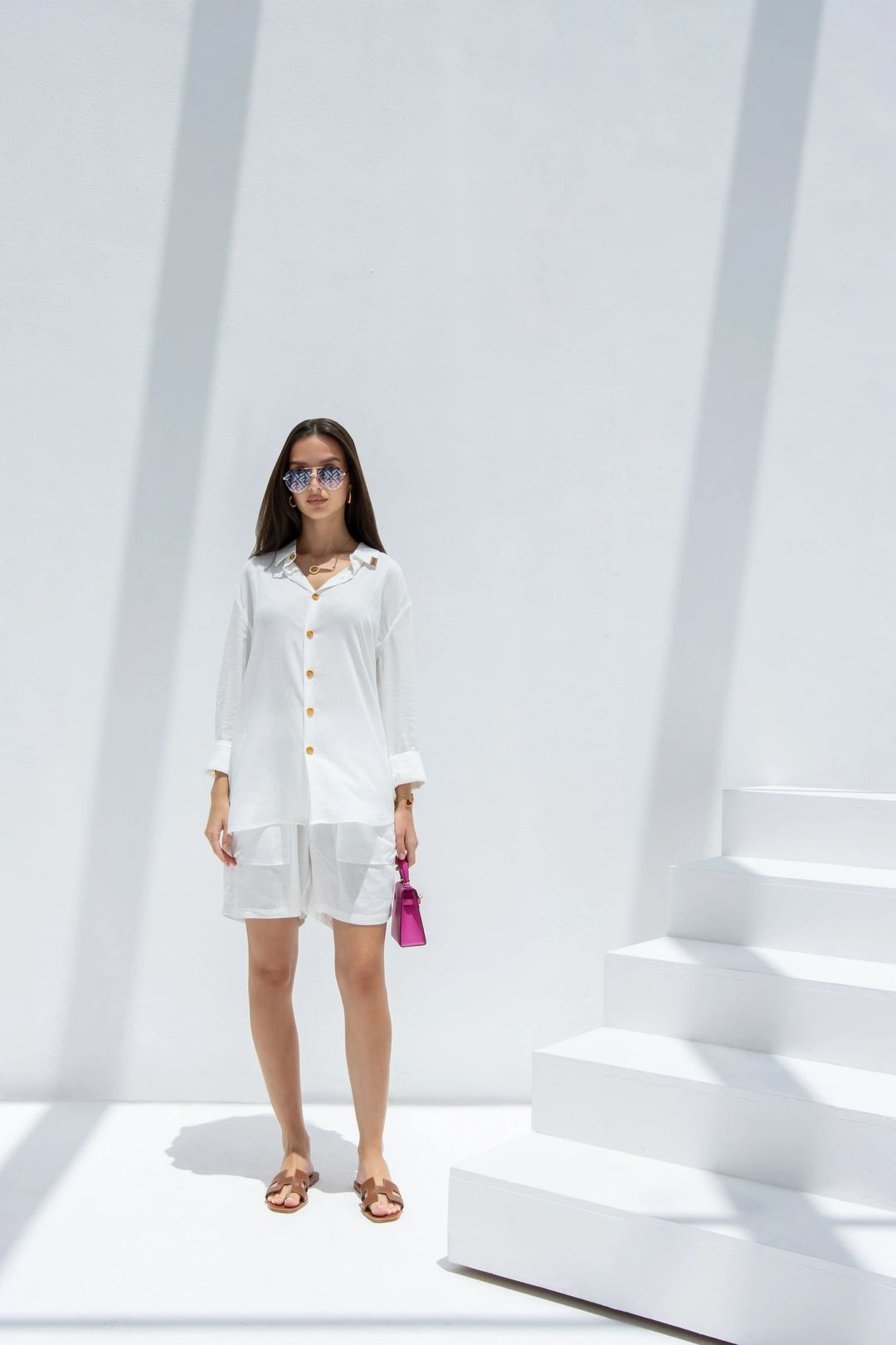 Linen Set  (shirt, trouser, short) - White - 4
