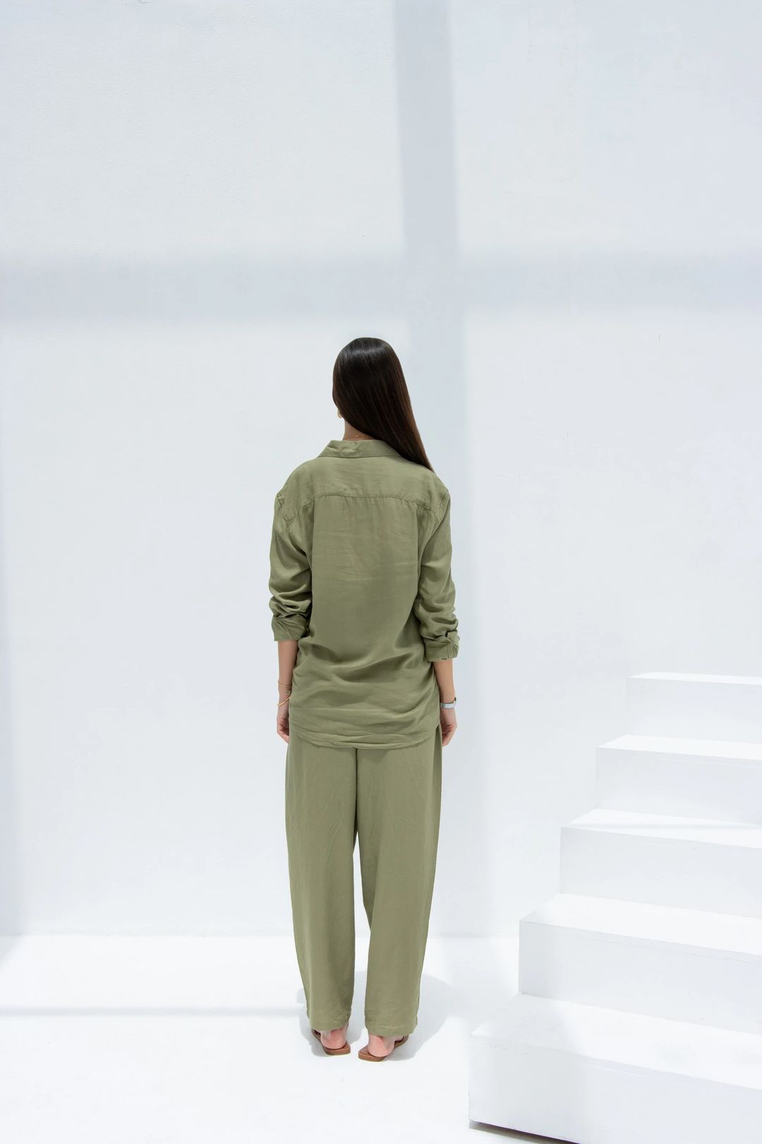Linen Set  (shirt, trouser, short) - Olive Green - 2