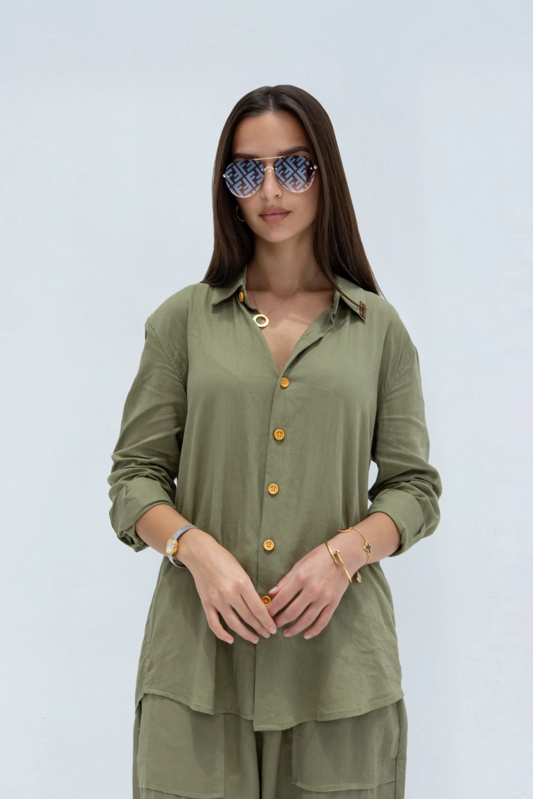 Linen Set  (shirt, trouser, short) - Olive Green - 3