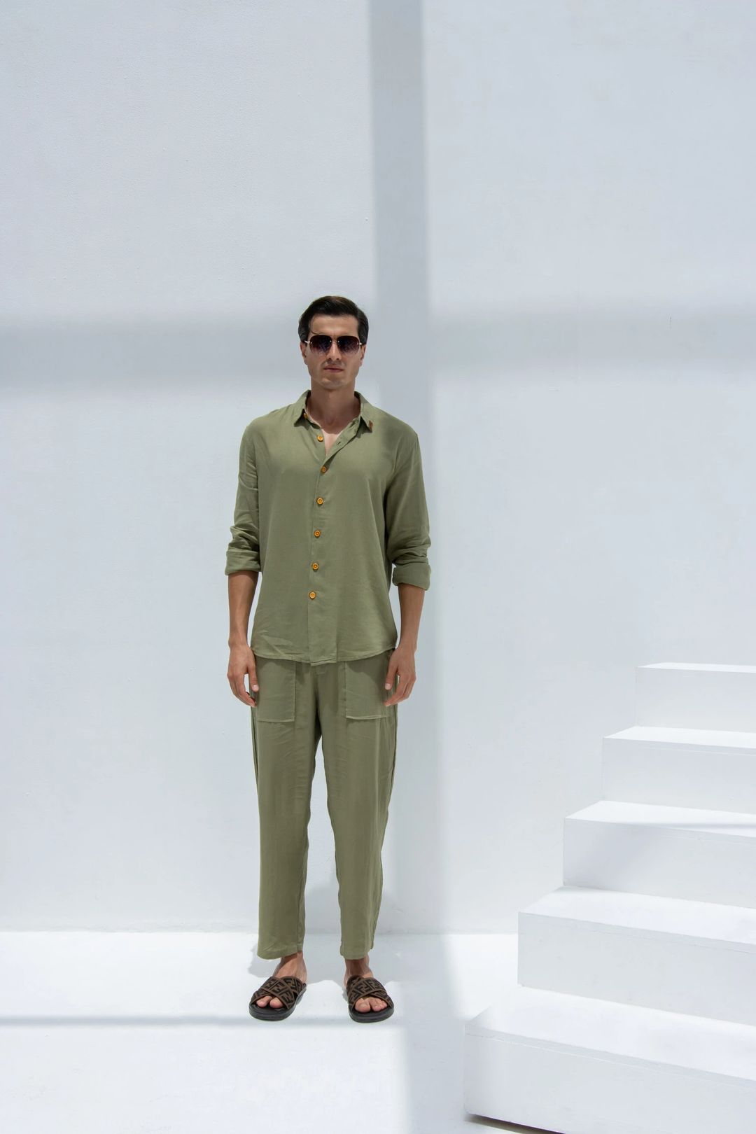 Linen Set  (shirt, trouser, short) - Olive Green - 4