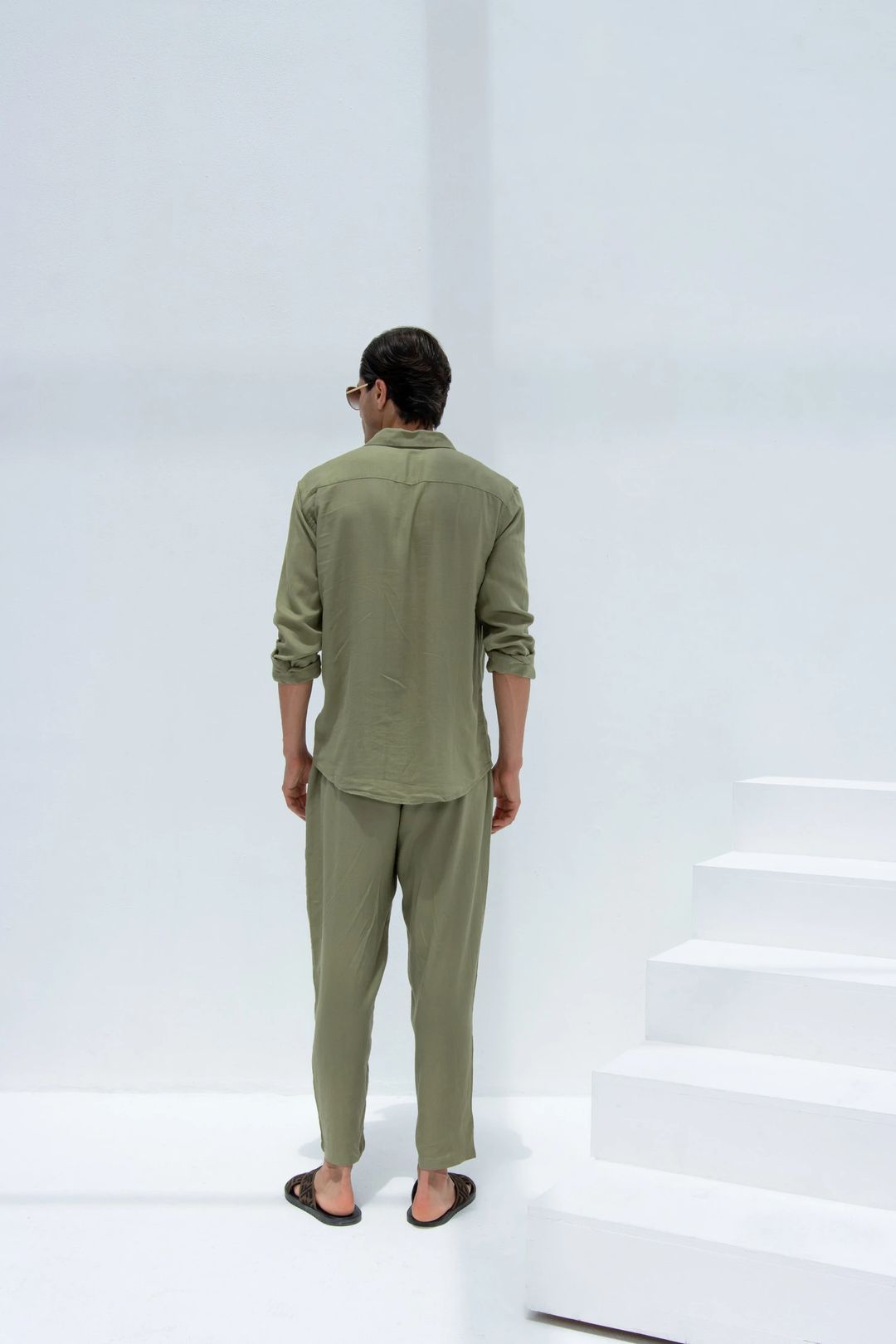 Linen Set  (shirt, trouser, short) - Olive Green - 5