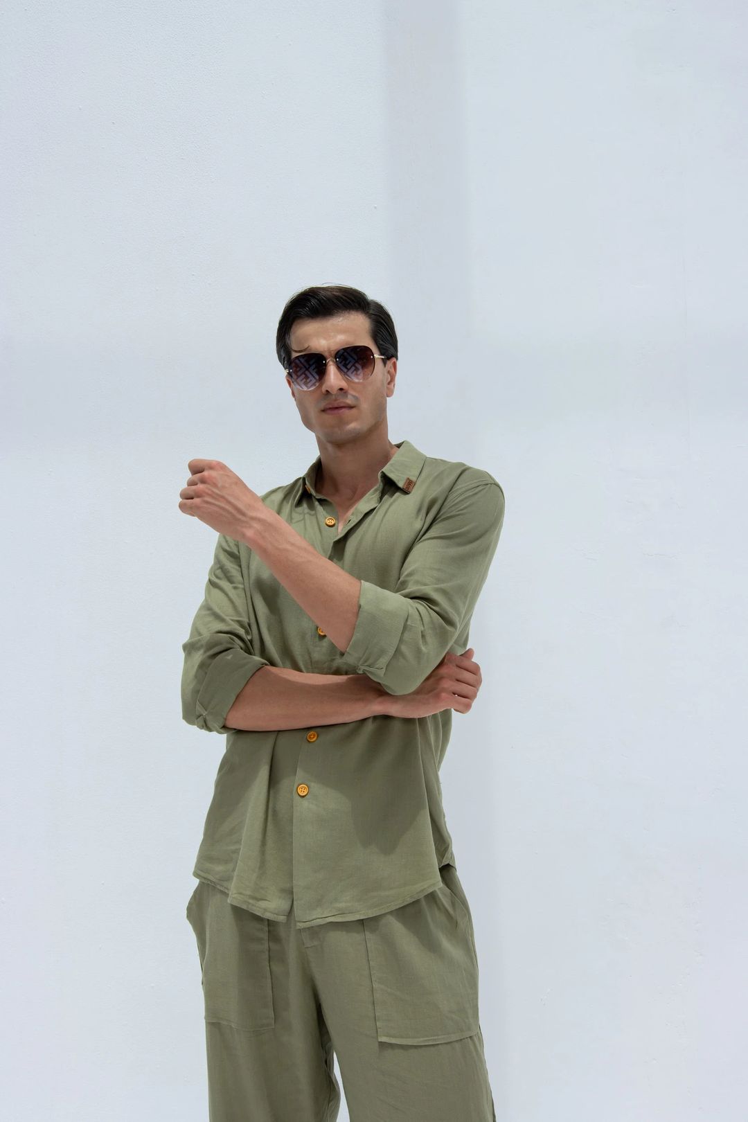 Linen Set  (shirt, trouser, short) - Olive Green - 6
