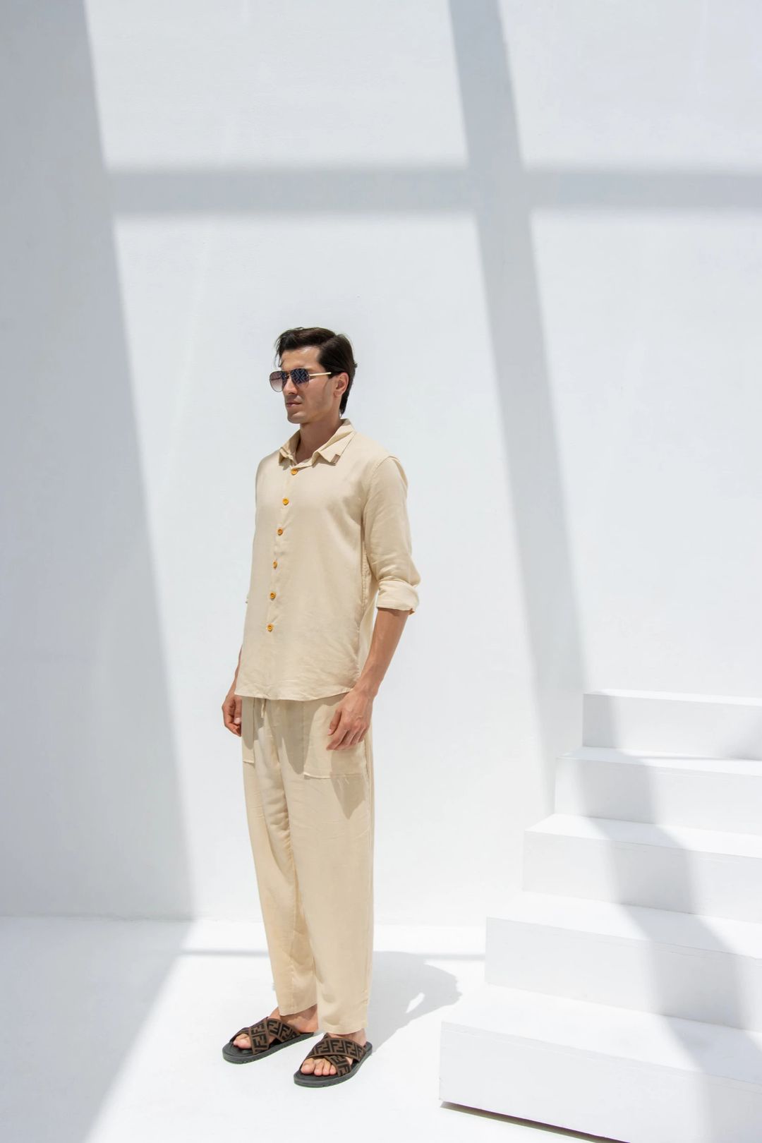 Linen Set  (shirt, trouser, short) - Beige - 5