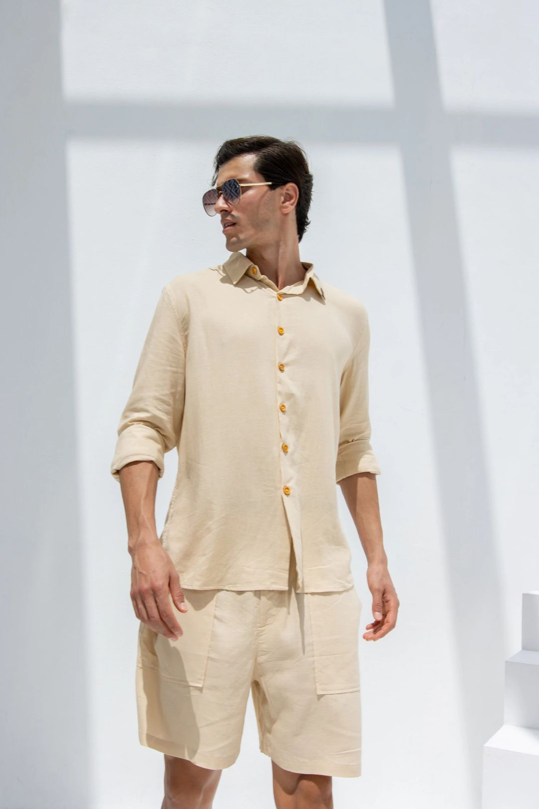 Linen Set  (shirt, trouser, short) - Beige - 6