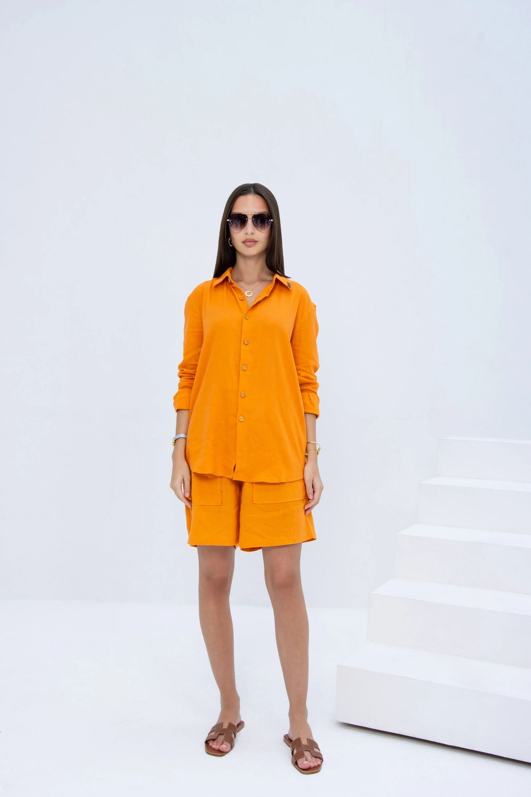 Linen Set  (shirt, trouser, short) - Orange - 3