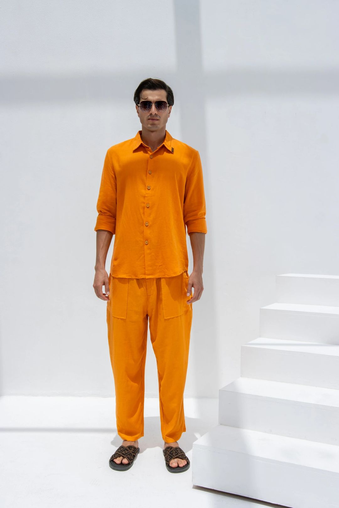 Linen Set  (shirt, trouser, short) - Orange - 4