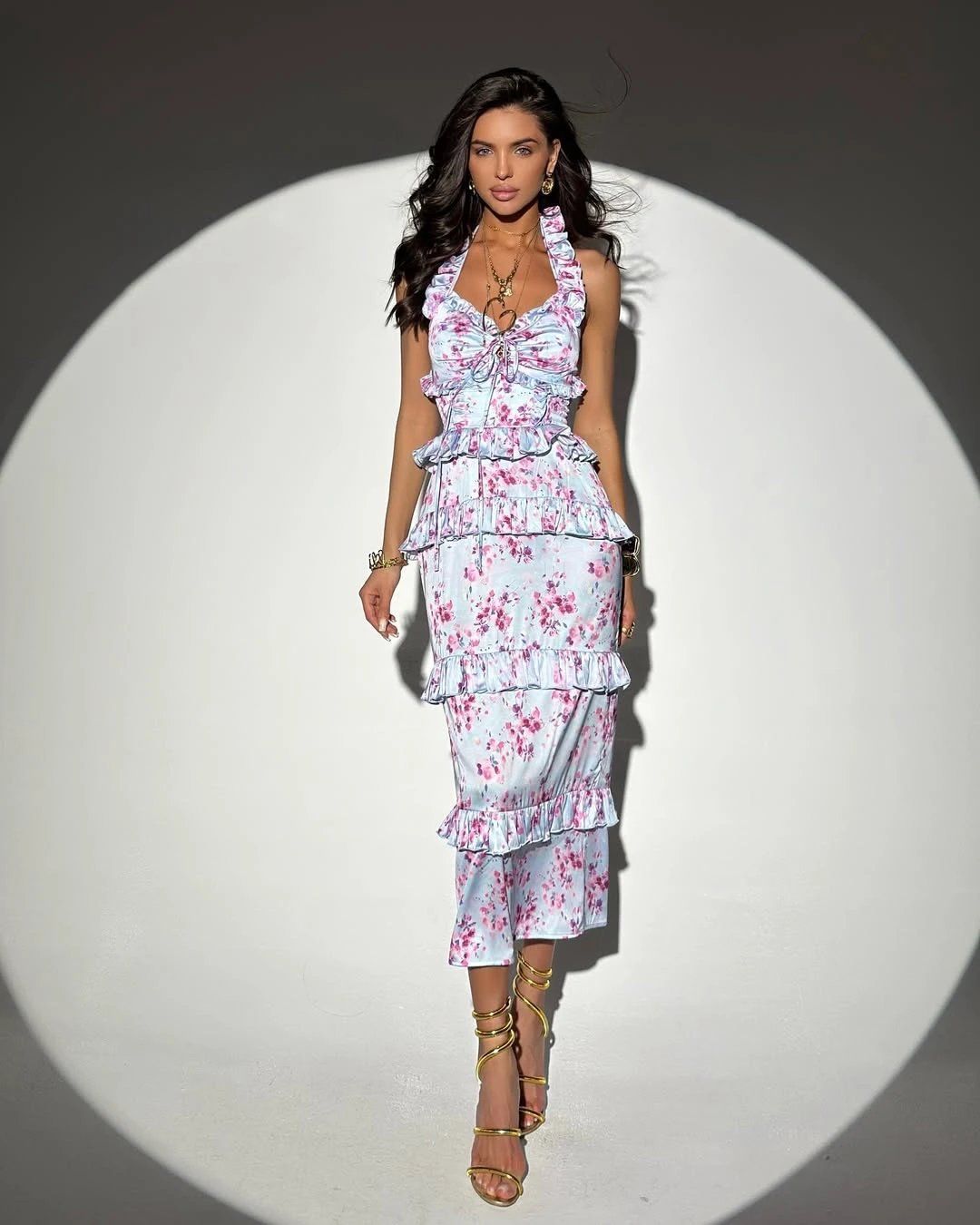 Dress long pink flowers blue - 1