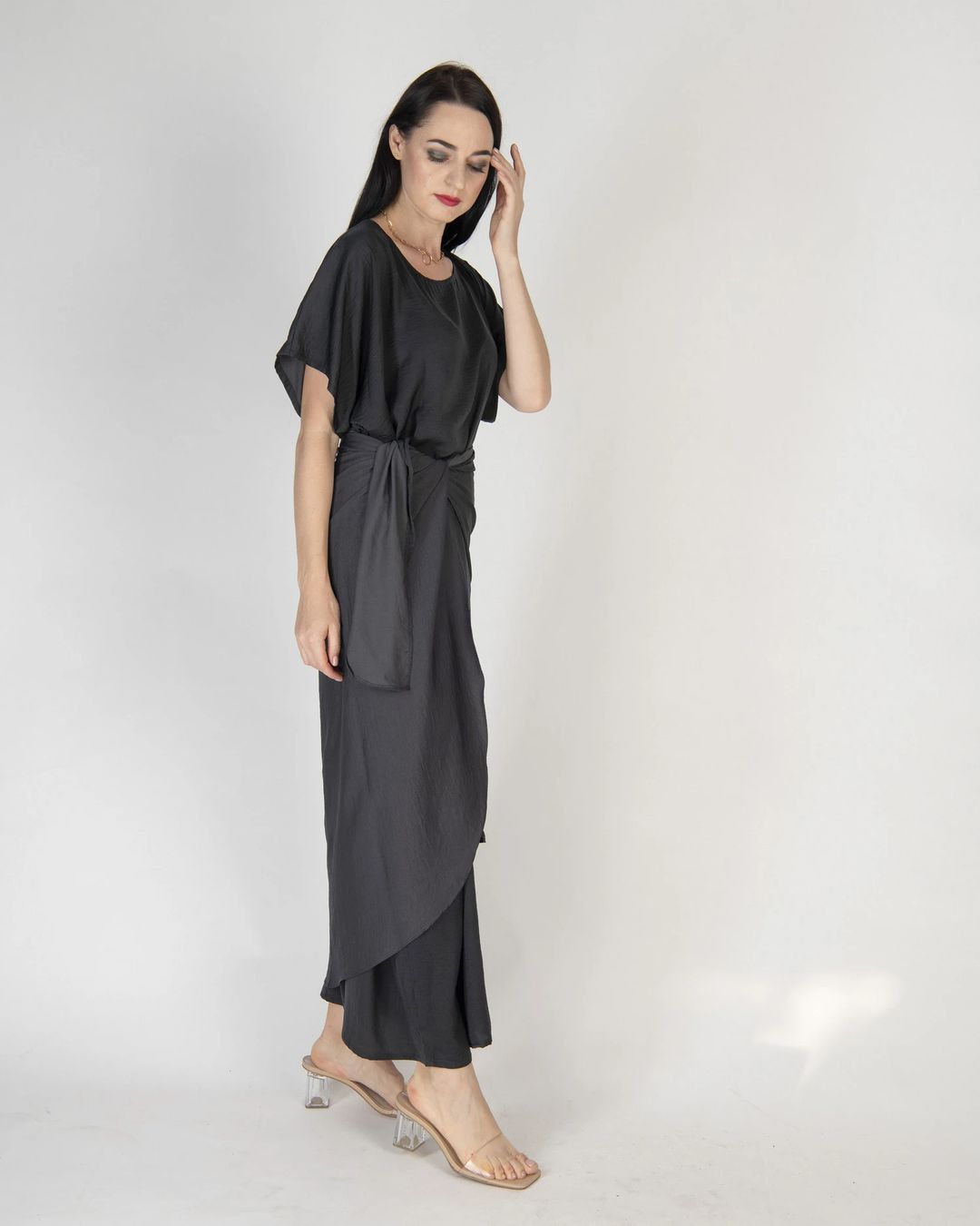 Dark Grey - Under Abaya Wrap Skirt Set - 2