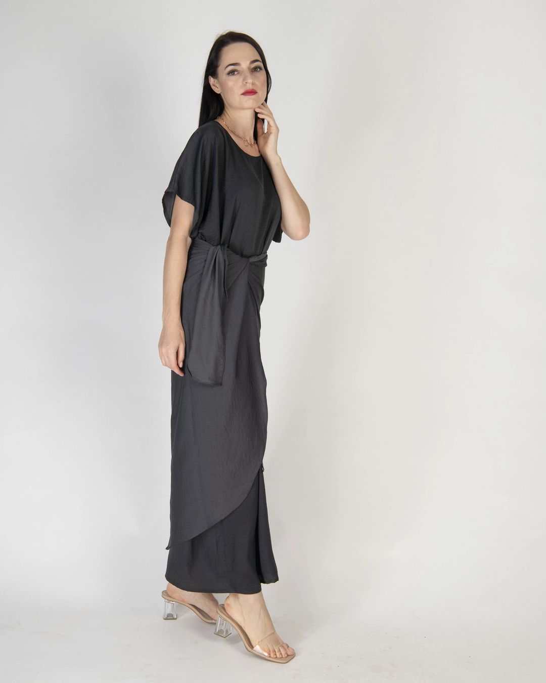 Dark Grey - Under Abaya Wrap Skirt Set - 3
