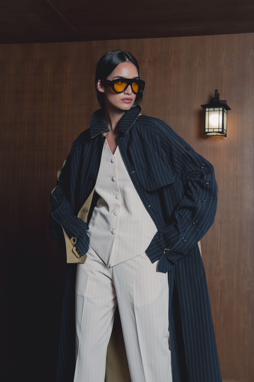 Navy And Ivory Reversible Pinstripe Coat Set - 1