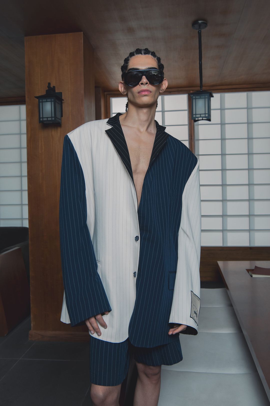 Ivory And Navy Reversible Pinstripe Set - 2