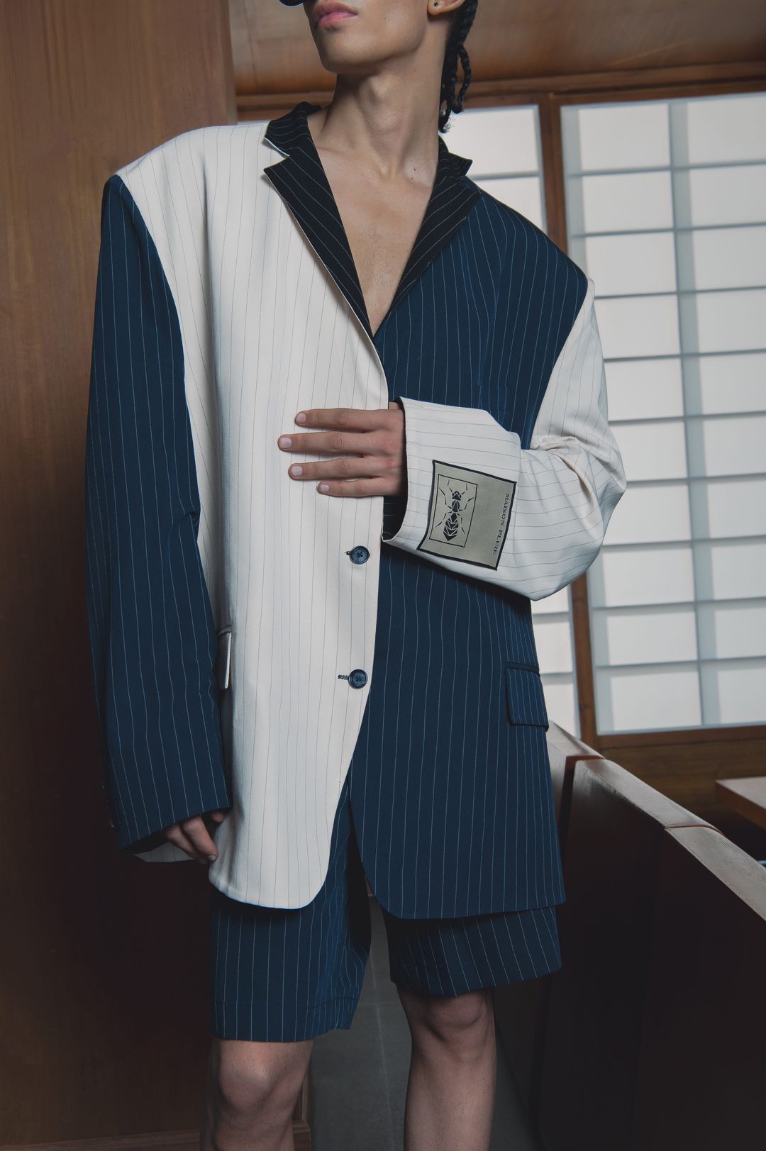 Ivory And Navy Reversible Pinstripe Set - 3