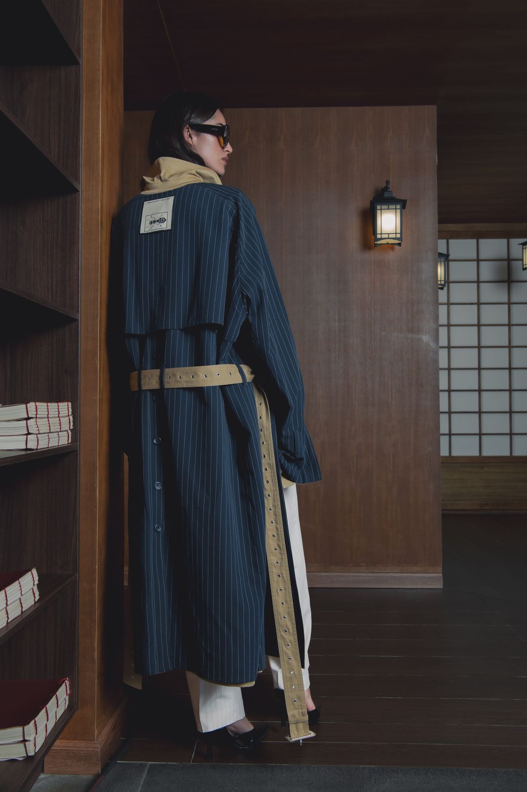 Navy And Ivory Reversible Pinstripe Coat Set - 3