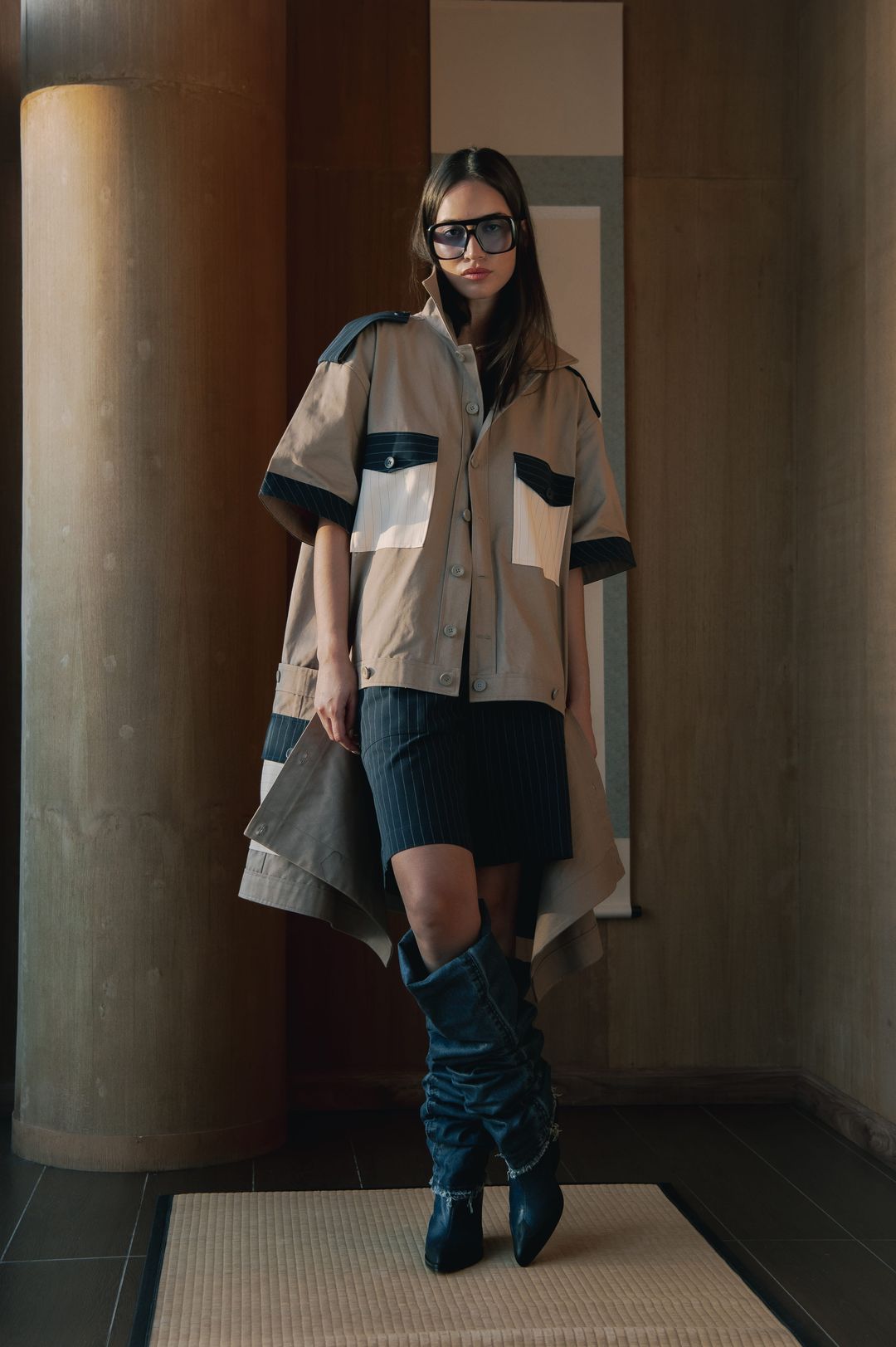 Beige And Midnight Blue Convertible Trench Jacket Set - 9