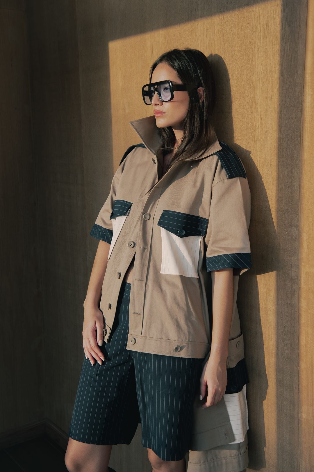 Beige And Midnight Blue Convertible Trench Jacket Set - 5