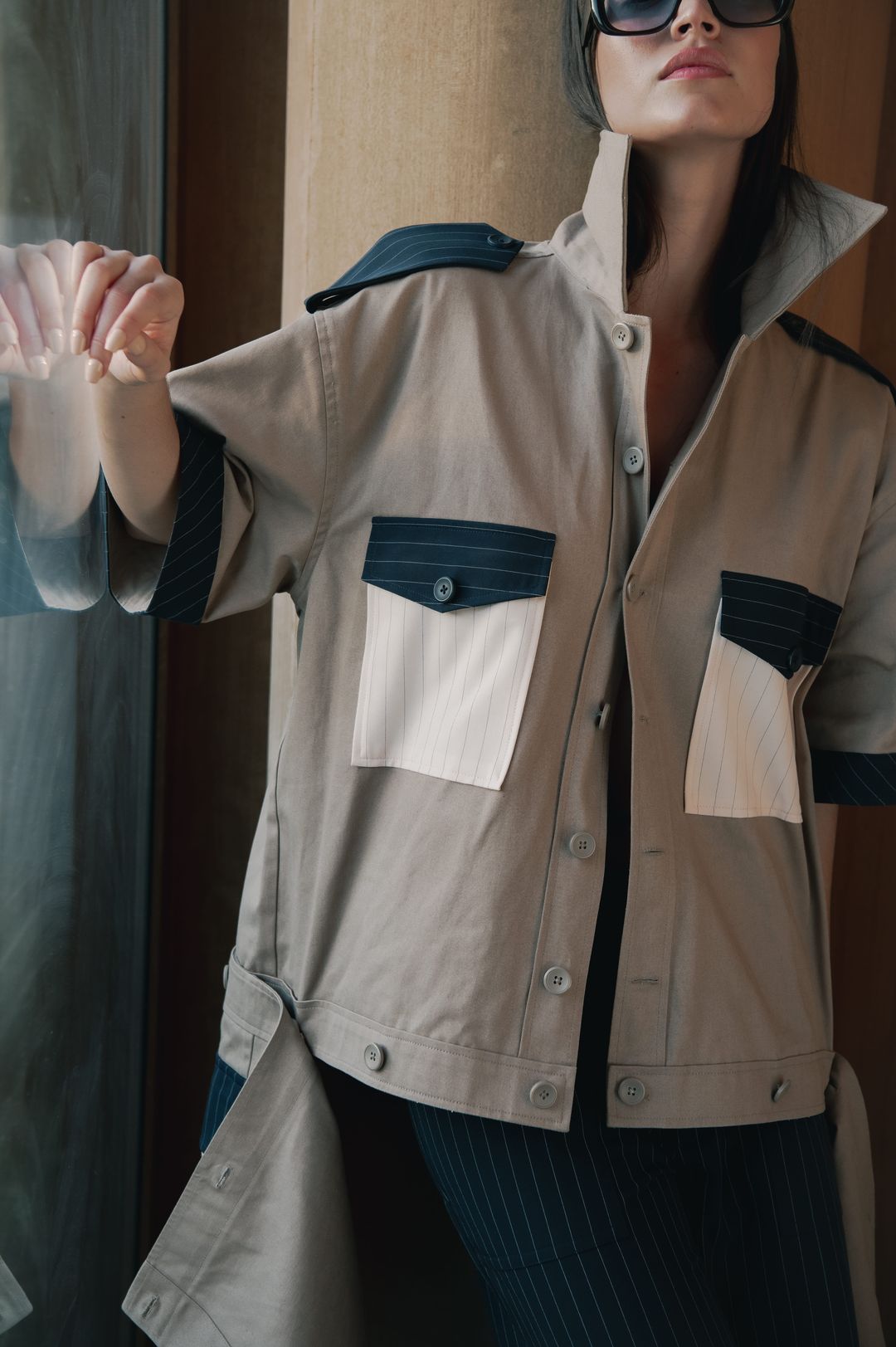 Beige And Midnight Blue Convertible Trench Jacket Set - 12