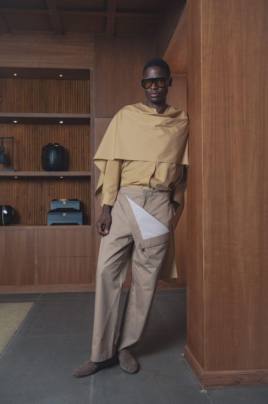 Camel Draped Cape Trouser Set - 7