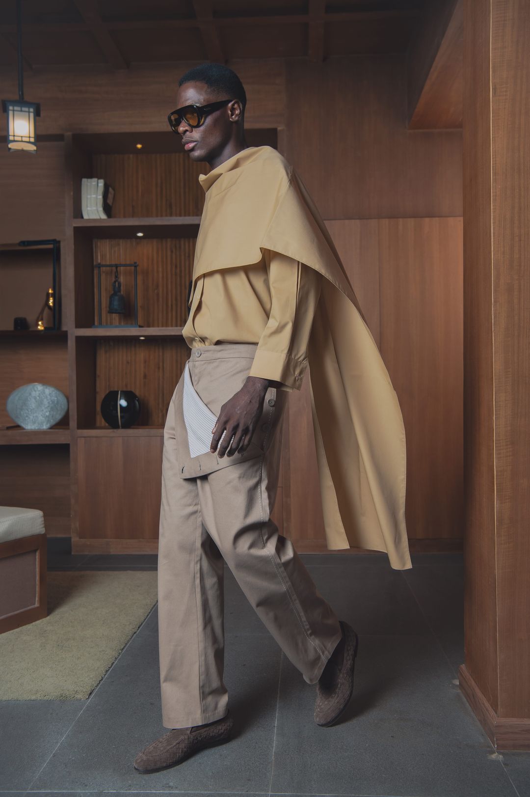 Camel Draped Cape Trouser Set - 6