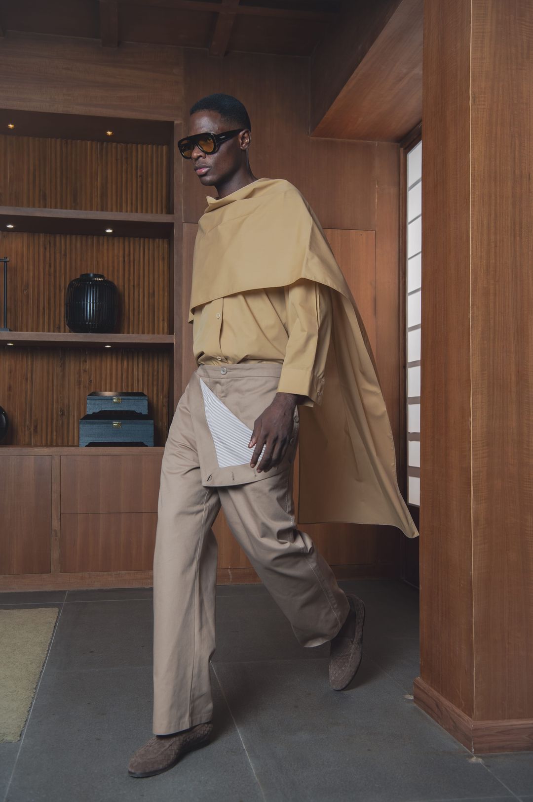 Camel Draped Cape Trouser Set - 2