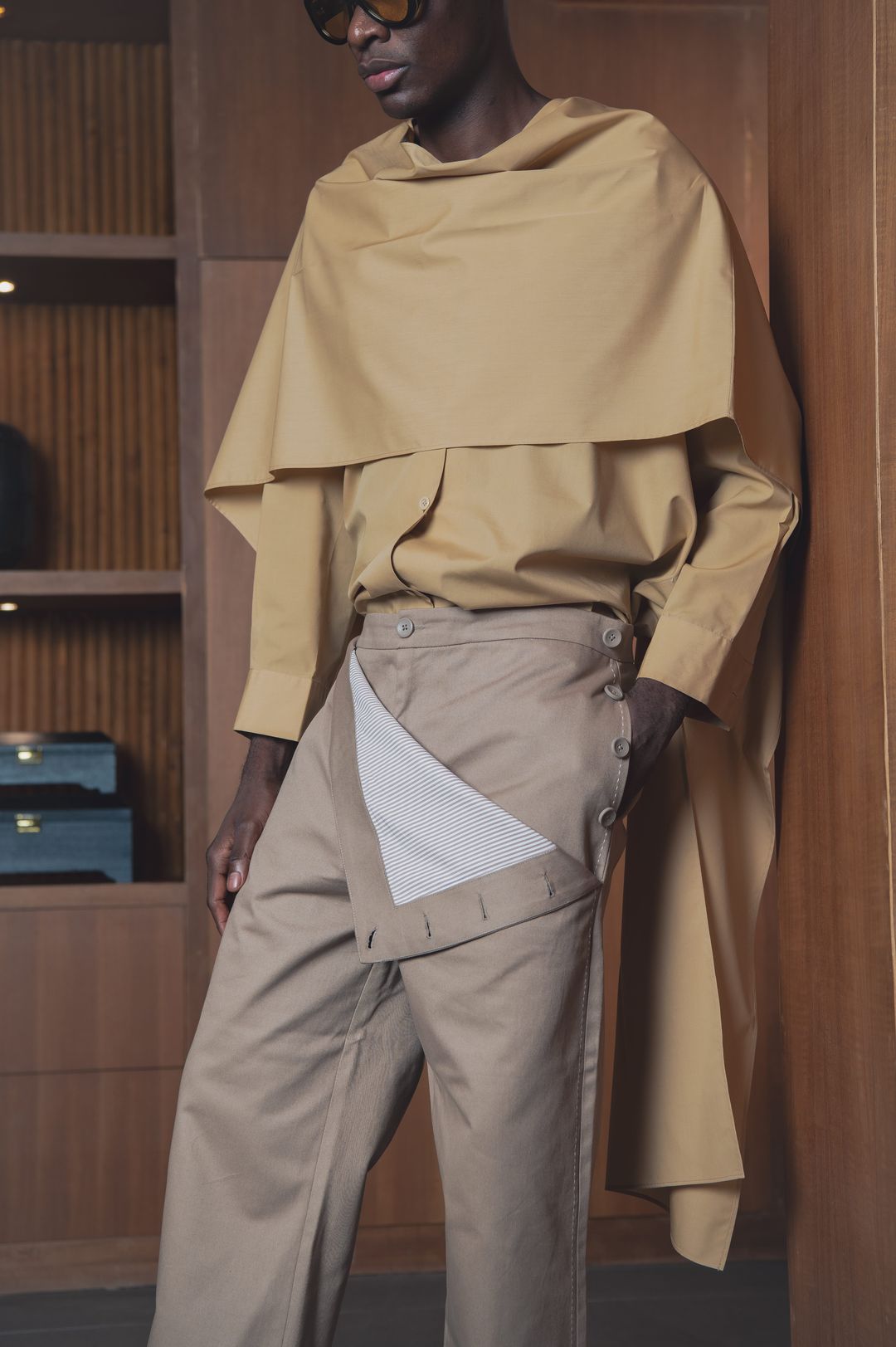 Camel Draped Cape Trouser Set - 3
