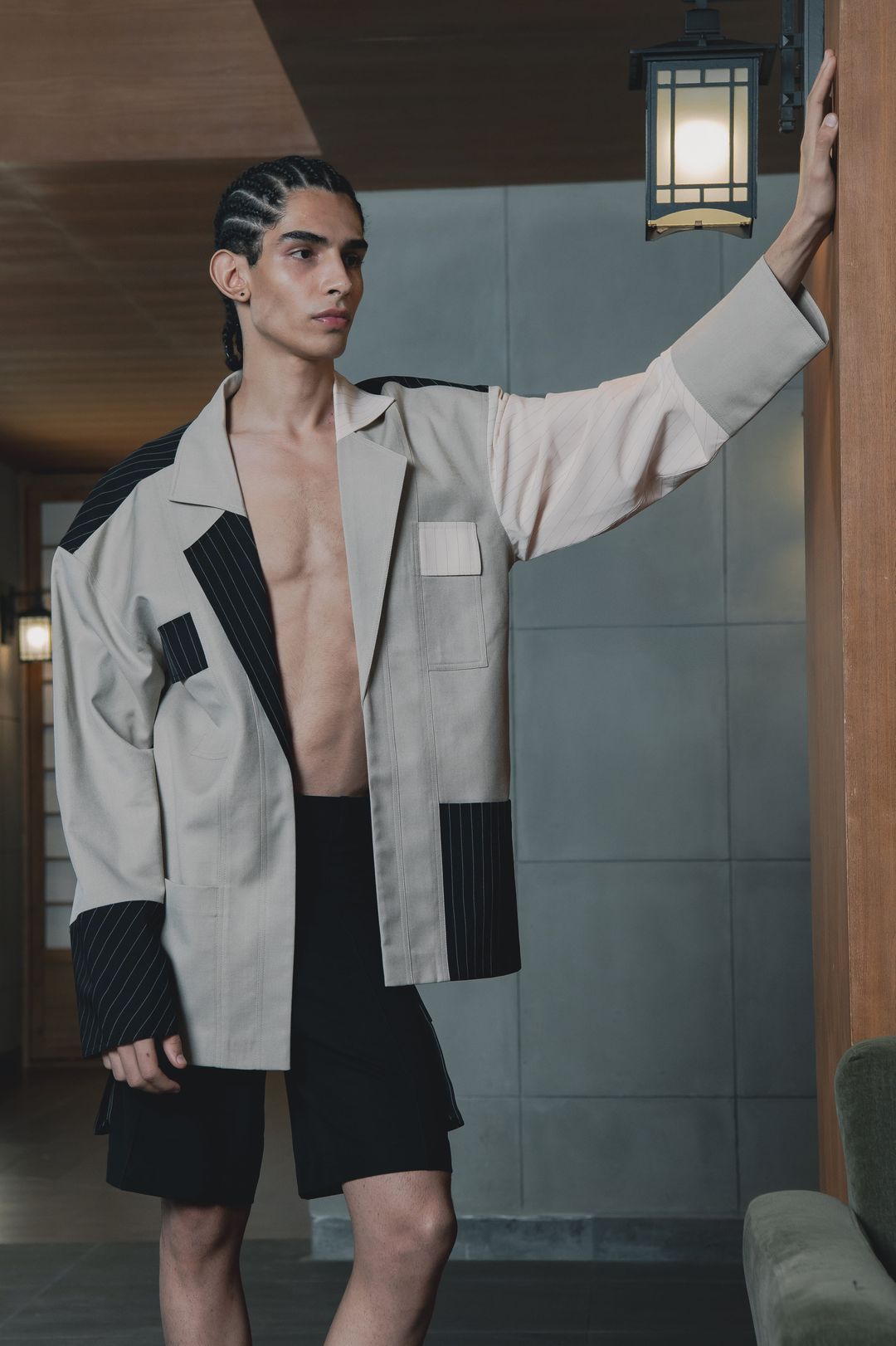 Sand And Black Contrast Lapel Panelled Blazer Set - 3